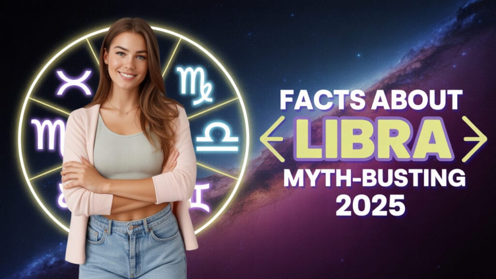 A modern YouTube/Pinterest thumbnail featuring a confident young American woman in casual stylish clothes (jeans + pastel top), standing in front of a glowing zodiac wheel with Libra symbol highlighted in neon blue. The background should be cosmic galaxy with stars and purple-blue gradient. Add bold text “Facts About Libra ✅ Myth-Busting 2025” in white & yellow, with glowing outline. Keep the design eye-catching, professional, and optimized for YouTube thumbnail size.