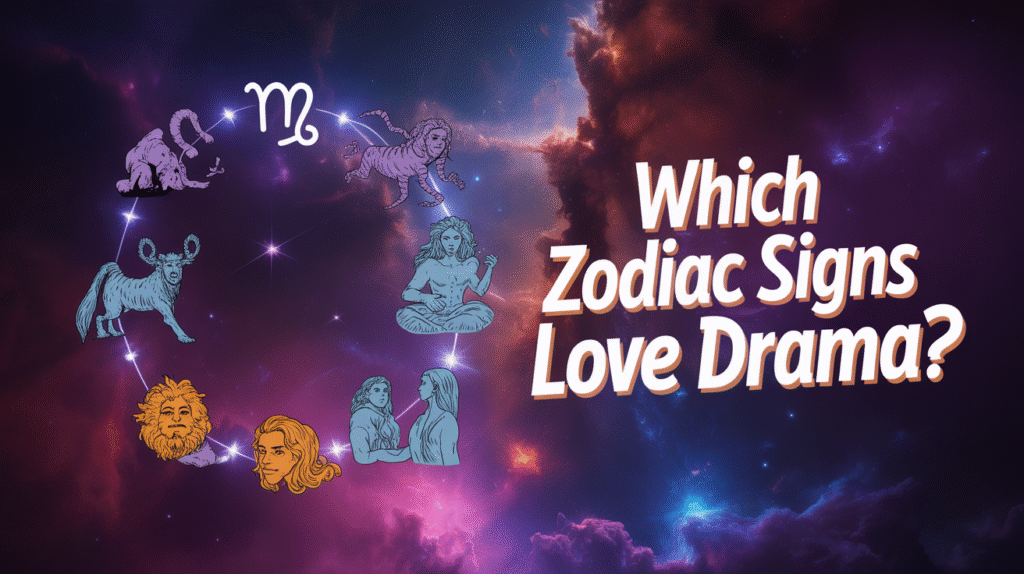 “Vibrant astrology-themed thumbnail showing zodiac signs Leo, Scorpio, Aries, Gemini, and Libra in a dramatic, playful scene. Cosmic background with stars, galaxies, and glowing zodiac symbols. Bold text overlay: ‘Which Zodiac Signs Love Drama?’ in eye-catching gold and purple font. Style: modern, colorful, cinematic, high-contrast, YouTube-ready.”