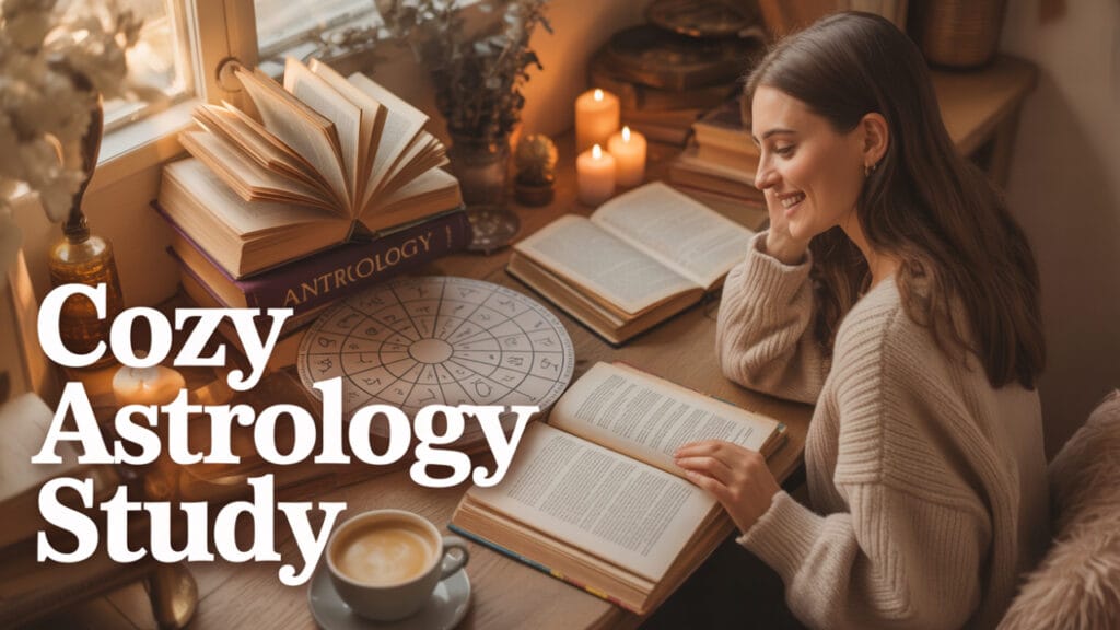 A cozy USA-style study desk with open astrology books, candles, zodiac chart, and warm golden light. A smiling young woman reading a book with coffee beside her, autumn vibes, Pinterest aesthetic, high detail, soft focus, inviting and dreamy look.